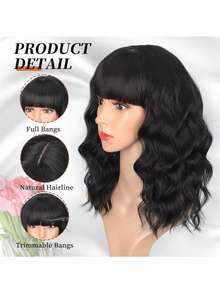 14" Black  Short Curly Bob Wig With Bangs For Women - Matte Heat-Resistant Fiber | Breathable Rose Net | Women Christmas Holiday Daily Wear - Black - View 4