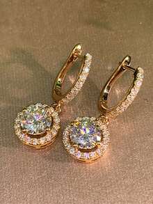 Nooxian 1 par de pendientes geométricos de diamante para mujer, pendientes brillantes para boda y fiesta, pendientes de aro redondos y rectangulares con incrustaciones de cobre y circonita cúbica - Amarillo Oro - Ver 2