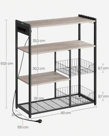 VASAGLE Küchenregal mit Steckdosen, Standregal mit 2 Metallkörben, Bäckerregal mit Haken, Regalablagen, 35 x 80 x 93,5 cm, Industrie-Design, Greige meliert-tintenschwarz - Taupe - Übersicht 3
