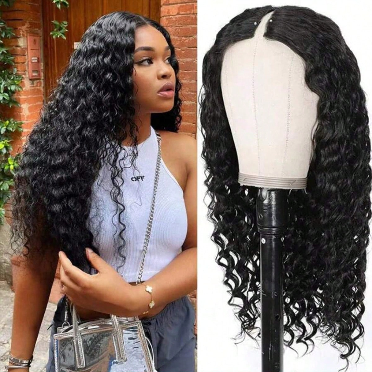 Loose Curly V Part Wig Human Hair  Glueless No Leave Out Upgrade V Part Human Hair Wigs For Women Curly Brazilian Virgin Human Hair U Part Wig V Shape No Sew In No Glue 250 Density Natural Color
