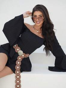 Short Off-The-Shoulder Romper Dress With Puff Sleeves - Black - View 3