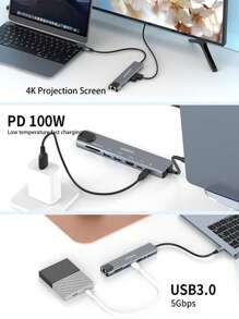 Laptop Type-C 8-In-1 Expansion Hub With Aluminum Alloy, External USB/Hard Disk, SD/TF Card Slots, 100M Ethernet Port, USB 3.0 Multifunctional Docking Station - 淺灰色 - 查看 4