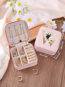 1pc Floral Rose Initial Jewelry Box, A-Z PU Leather White Portable Travel Jewelry Box, Black Jewelry Storage Box, Pink Mini Portable Zipper Jewelry Box, Necklace, Ring Pendant, Bracelet, Earring Storage Box, Jewelry Packaging Box, Suitable For Mother's Gift, Wedding Gift, Bridesmaid Gift, Anniversary Gift, Christmas Gift And Girlfriend's Boutique Gift. - Multicolor - View 45