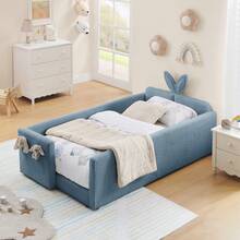 YOGLAD Twin Size Upholstered Platform Bed Frame With Cute Rabbit Ear Shaped Headboard & Safety Rails, Kids Bed With Storage Drawers, Boucle Fabric, Soft Plush Headboard, No Box Spring Needed, Easy Assembly, Modern Nursery Bedroom Furniture For Girls Boys Toddlers - 藍色 - 查看 5