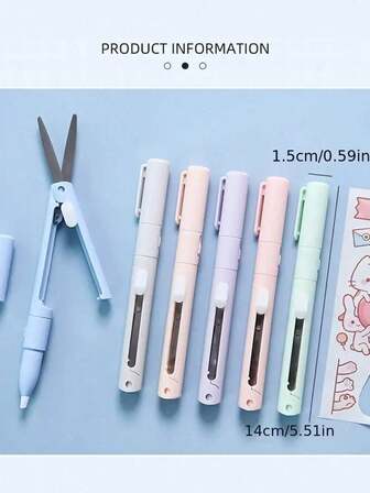 2 en 1 Tijeras plegables creativas Papelería mini plegable Tijeras de arte para estudiantes Tijeras portátiles Hoja multifunción Papelería Oficina Escuela, Tijeras plegables compactas - Diseño portátil tipo bolígrafo, ideal para estudiantes y manualidades, disponible en naranja, verde claro, blanco, rosa, azul