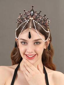 1pc Women's Baroque Tassel Crown, Elegant Pearl Headpiece, Goddess Tiara, Black Vintage Costume Accessory - màu đen - Xem 4