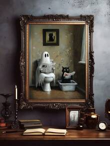 1张浴室里的鬼魂和黑猫海报，搞笑厕所幽默印刷品，怪诞可爱的墙面艺术，夏季万圣节鬼魂烧烤海报，可爱的鬼魂和黑猫一起烧烤，鬼魂和黑猫“不给糖就捣蛋”海报，异想天开的万圣节墙面艺术，鬼魂和猫咪墙面艺术，秋季万圣节，卧室装饰，客厅装饰，办公室装饰， - 彩色 - 查看 7