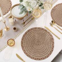 1/4/6/12pcs Bohemian Style Solid Color Woven Rope Round Placemats, Dining Table Decor, Home Party Decoration - Khaki - View 3