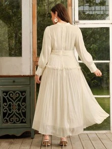 Anewsta Vestido formal de manga larga con manga abullonada distintiva, pliegues en la cintura y cuello alto, vestido de línea A para mujer de talla grande - Champán - Ver 3