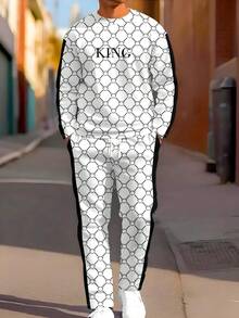 2pcs Men's Printed Crew Neck Sportswear Set, Letter & Grid Printed Casual Sweatshirt And Pants Outfit, Suitable For Outdoor And Sports,Fall Clothes