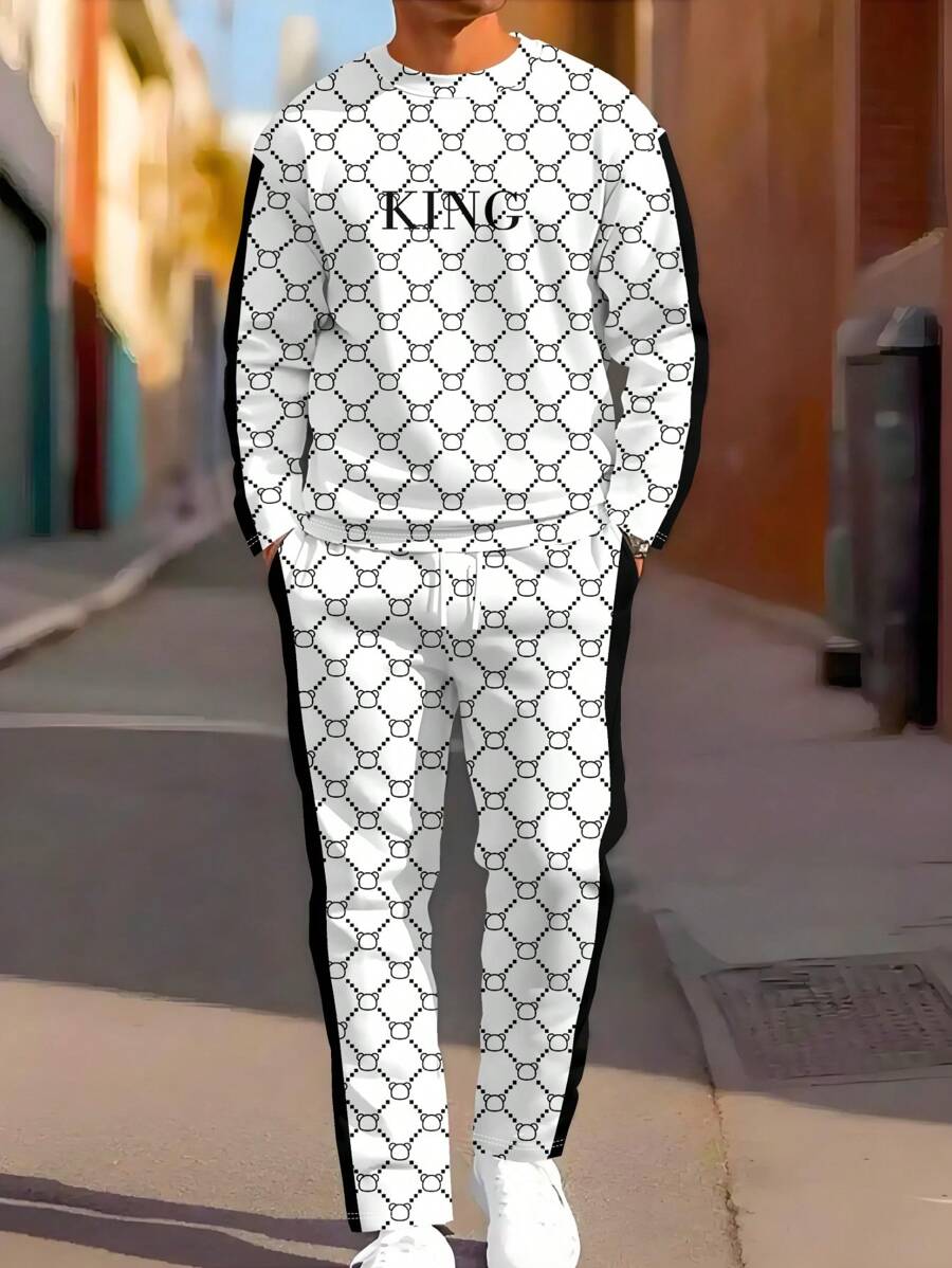 2pcs Men's Printed Crew Neck Sportswear Set, Letter & Grid Printed Casual Sweatshirt And Pants Outfit, Suitable For Outdoor And Sports,Fall Clothes