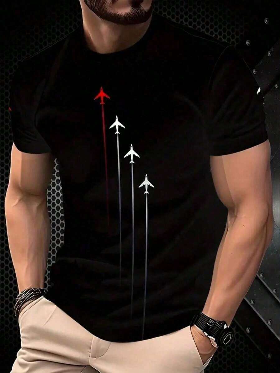 Camiseta Masculina Preta Avião Estampadas Manga Curta Verão Lançamento - Preto - Visão 1