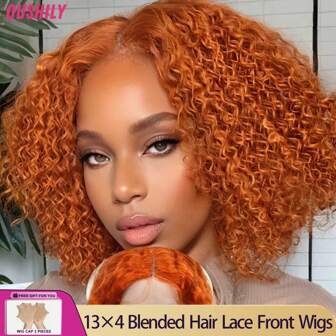 34 Inch Jerry Curly Glueless HD Transparent Lace Front Wigs - 13x4 Deep Wave Curly Lace Frontal Wigs Glueless Blended Hair Wigs - Brazilian Virgin Human Blended Hair Wigs - Bob Wigs 8-14 Inch - Natural Look For Women Daily Wear Elegant Everyday Style