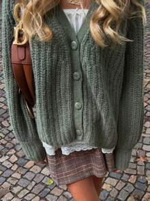 Casual Loose Long Sleeve Solid Color Ribbed Front Button Women Cardigan, Suitable For Holidays, Daily Wear, Travel, Tea Party, Brunch, Country Music Concert, Spring/Autumn/Winter