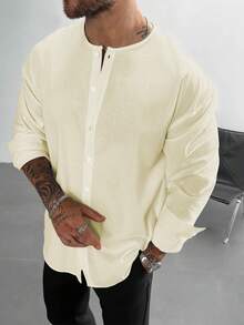 Áo sơ mi nam vải lanh kiểu cổ điển, dáng rộng, màu trơn, cổ tròn, tay dài, thích hợp làm quà tặng Ngày của Cha, đi làm và mặc hàng ngày, kiểu dáng thoải mái, lý tưởng cho kỳ nghỉ biển, cũng là một món quà Giáng sinh tuyệt vời dành cho phái mạnh, cần thiết cho mùa thu. - Màu be - Xem 6