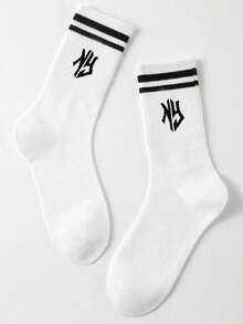 1/5 Pairs New 2024 Versatile Sports & Casual Mid-Calf Socks, Black Patterned Mid-Calf Socks, Fall Socks - Multicolor - View 2