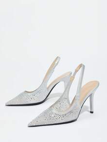 Zapatos de tacón alto de punta fina para mujer, con diseño calado, de moda para fiestas y uso al aire libre, elegantes, bombas de mujer, elegantes, atuendos de verano - Plateado - Ver 7