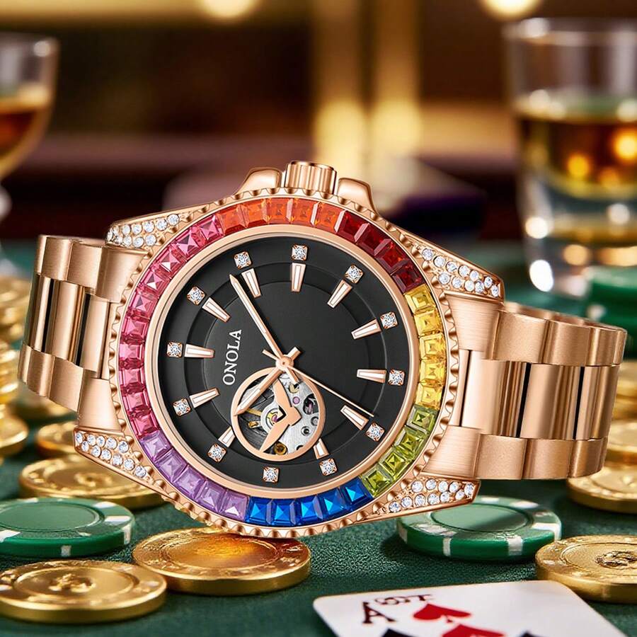 ONOLA 品牌经典奢华金色大表盘男士自动机械表，金表，适合商务和日常风格，夜光指针，合金表带，非常适合日常佩戴 - 男士的完美礼物、生日礼物和圣诞礼物