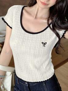 2025春秋舒适百搭蝴蝶刺绣T恤 - 白色 - 查看 2