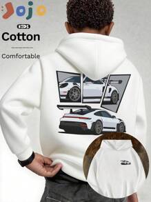 Sudadera creativa, informal, minimalista, con relleno de algodón para niños, hombros caídos, cómoda, de gran tamaño, con capucha versátil, cuello redondo, ropa holgada de estilo universitario urbano para niños, blusa suave de manga larga, nueva serie de sudaderas, blusa con estampado de patrón de carreras blanco