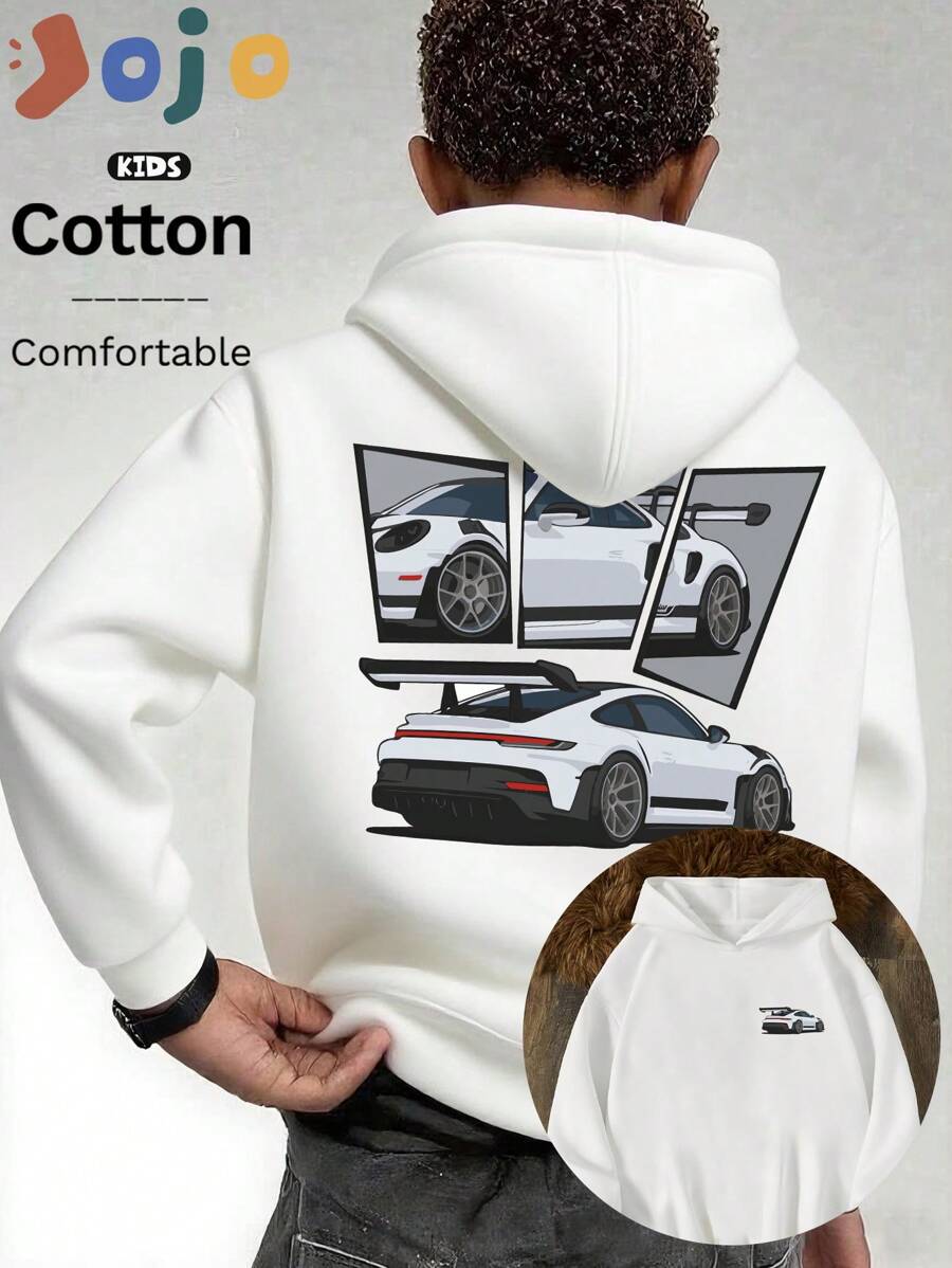 Sudadera creativa, informal, minimalista, con relleno de algodón para niños, hombros caídos, cómoda, de gran tamaño, con capucha versátil, cuello redondo, ropa holgada de estilo universitario urbano para niños, blusa suave de manga larga, nueva serie de sudaderas, blusa con estampado de patrón de carreras blanco