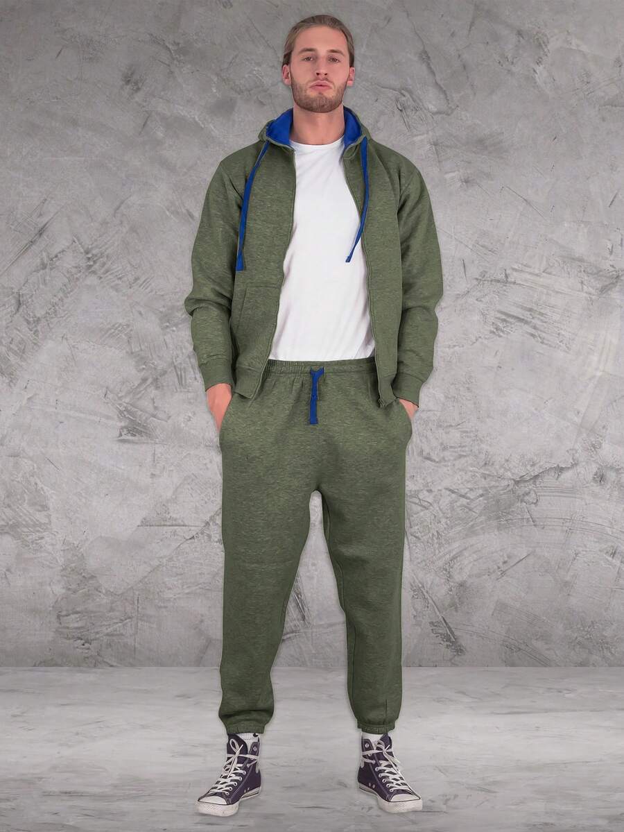 LoveMyFashions Men's 2pcs Set Tracksuit Full Sleeve Solid Color Drawstring Waist Zip Up Hoodie & Sweatpants Two Pieces Set With Pockets - Khaki/Blue - View 1