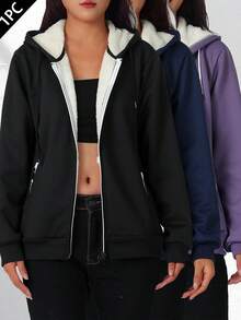 女式连帽长袖时尚拉链羊毛休闲上衣，适合日常穿着。冬季 - 黑色 - 查看 7