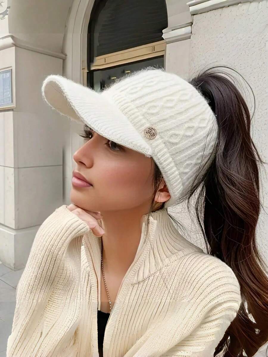 Autumn/Winter Warm Knitted Plush Hat, Oversized Plush Baseball Cap With Ponytail Hole, Suitable For Outdoor Sports Enthusiasts, Brimless Cap, Girls Version