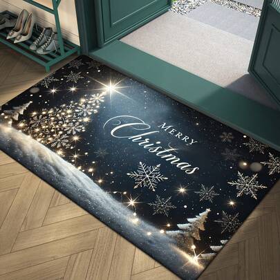 Christmas Doormat - 1pc Winter Holiday Decorative Non-Slip Washable Area Rug With Christmas Tree And Snowflakes Design, Washable, Low Pile, Made, Rectangle, Fade Resistant, For Bedroom, Hallway, Kitchen, Bathroom, Entryway, Home And Room Decor