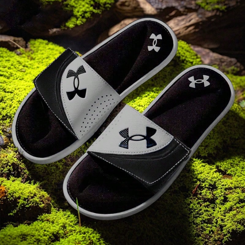 Under Armour 男子外穿籃球涼拖居家室內一字拖運動沙灘鞋 - 黑色/灰色 - 查看 1