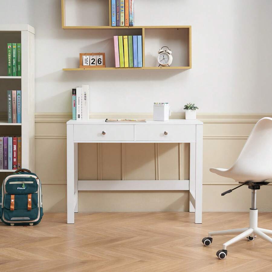 Small Desk With Drawers, Kids Desk For Bedroom, Modern Simple Study Table For Drawing, Reading, Writing, Rectangle MDF Furniture Study Storage Table For Home, Office, White - White - View 1
