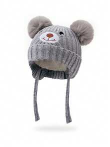 1顶儿童针织帽，带熊耳朵和双绒球，冬季保暖护耳，适合婴幼儿 - 1PC - 查看 6