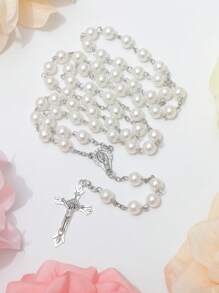 1pc Minimalist Fashion Faux Pearl Cross Rosary Long Handmade Necklace, Unisex Tassel Sweater Chain - White - View 3