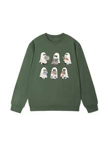 女士秋冬万圣节鬼魂图案长袖圆领卫衣，休闲宽松百搭款式上衣，时尚万圣节服装女士，适合日常和节日穿着，万圣节氛围 - 淺綠 - 查看 3