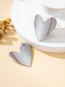 1 Pair Fashionable Heart-Shaped Metal Earrings, Valentine's Day Jewelry - Glossy-silver - View 5