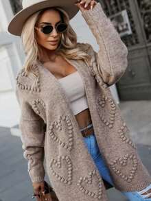 Plus Size Women Classic Solid Color Cardigan, Elegant Mature Versatile Loose Fit Open Front Long Sleeve Sweater, Autumn/Winter - 卡其色 - 查看 3