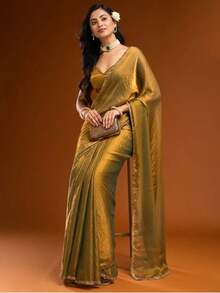 Estationeryhouse Designer Shiny Two Tone Soft Tissue Silk Saree With Antique Embroidered Border, Blouse Piece Included(Bronze) - 銅色 - 查看 2