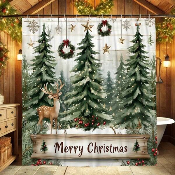 1/3/4pcs Green Christmas Happy Print Pattern Bathroom Window Curtain Shower Set, With Pine Tree And Deer Design - Washable Polyester Material, Includes 12 Hooks, Bathroom Set Includes U-Shaped Mat, Toilet Mat, Anti-Slip Bath Mat And Bathroom Accessories, Ideal For Holiday Bathroom Decor, Winter Seasonal Theme, Christmas Decoration, Home Decor