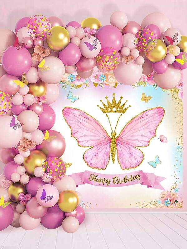 100Pcs Pink Butterfly Balloon Latex Chain Arch Kit And Backdrop Banner Suit Combination Birthday Party Background Decoration Wedding Party Supplies Happy New Year Decor