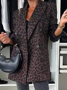 Women Loose Casual Fashionable Leopard Print Blazer Jacket, Leopard All-Over Print, Double-Breasted Buttons, Pockets, Suitable For Daily Office Wear, Autumn/Winter