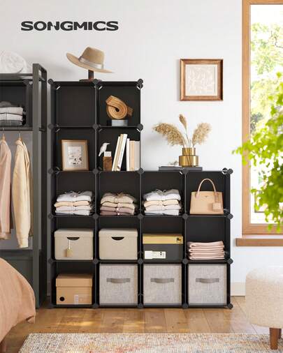 SONGMICS Cube Storage Organizer, Set Of 16 Plastic Cubes, Cube Shelf, Book Shelf, Closet Organizers And Storage, Room Organization, For Bedroom Living Room Office, 12.2 X 48.4 X 48.4 Inches, Black