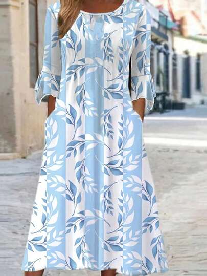 Fashionable Casual Vacation Style Elegant Women's Versatile Slim Fit Dress, Suitable For Outing, Home, Travel, Work, Featuring Ditsy Floral, 3/4 Sleeve, Autumn Spring