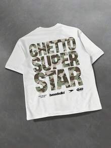 男士白色美式时尚字母和数字印花圆领短袖 T 恤，休闲、通勤、街头服饰 - 白色 - 查看 1