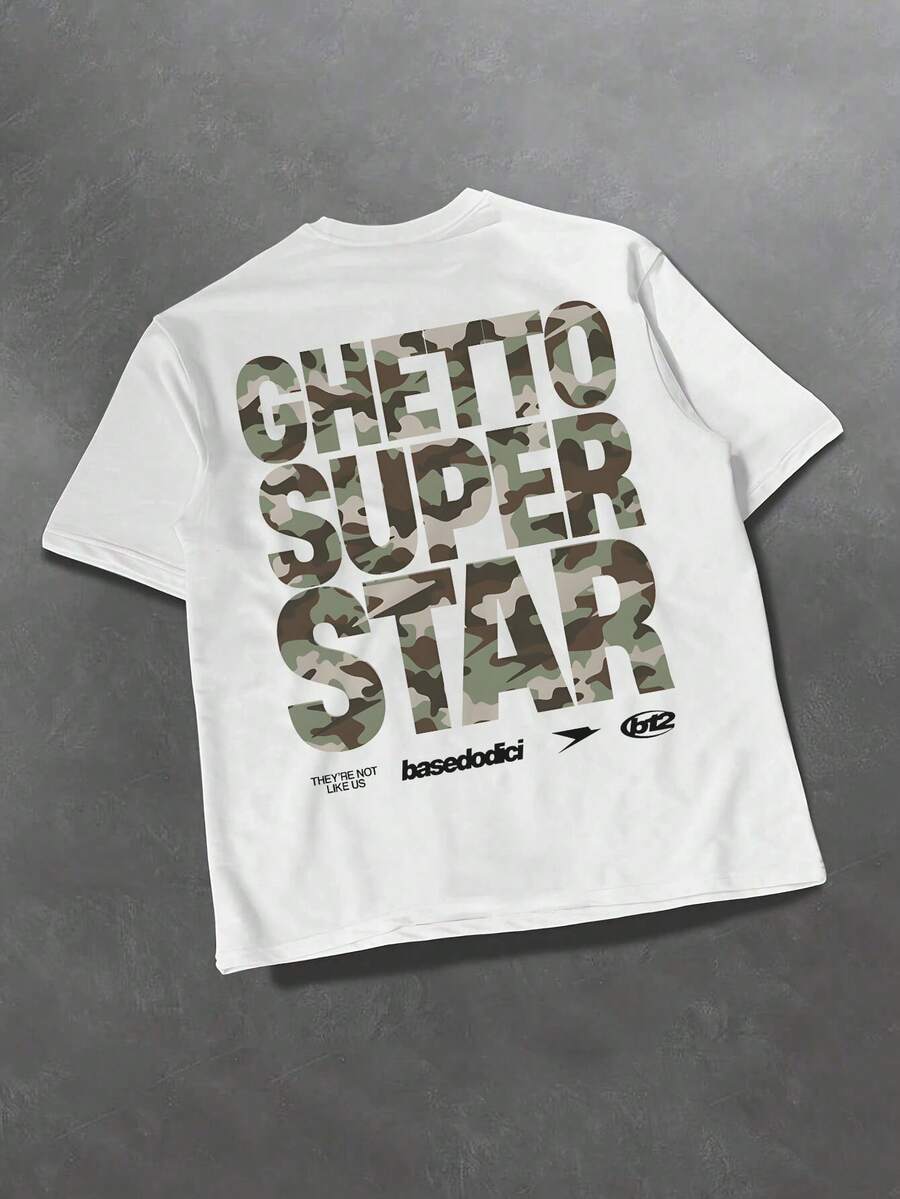 男士白色美式时尚字母和数字印花圆领短袖 T 恤，休闲、通勤、街头服饰 - 白色 - 查看 1