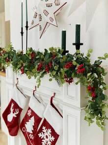 1pc Bohemian Artificial Wreath - Indoor/Outdoor Holiday Decoration With Lush Green Plastic Plants & Red Berries, No Feathers/Lights, Multi-Holiday Decor For Halloween, Thanksgiving, Christmas, Festive Home Accent, Natural Festive Look, Berry Embellishments, Outdoor Ornament, Rustic Charm, Durable Material, Seasonal Decorators - Multicolor - View 2
