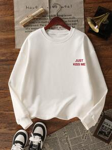 Women's Casual Crew Neck White Sweatshirt With Simple INS English Print, Fashionable And Versatile For Daily Wear, Autumn/Winter Spring - White - View 4