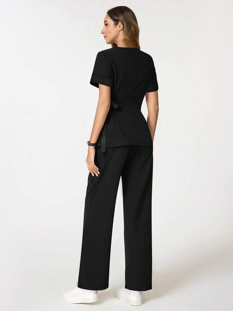 cimmuovere Women's V-Neck Short Sleeve Pocket Twist Blouse And Solid Pocket Pants Uniform Set, Suitable For Beautician, Wellness Center, Scrubs, Nurse Scrubs, Workwear, Dentist, Healthcare, Pet Hospital, Laboratory Spring Black - Black - View 5