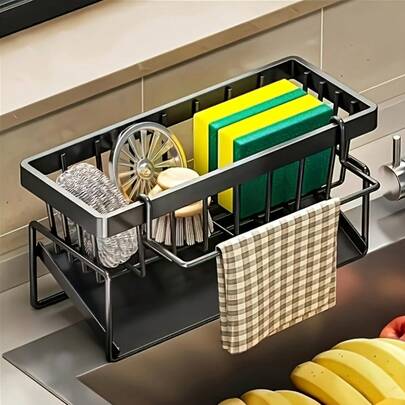 1 Simple Metal Kitchen Sink Rack, Self-Draining Kitchen Sink Organizer, Sponge Draining Rack, Suitable For Kitchen/Bathroom Countertop Storage, Comes With A Towel Rod, Available In Black, Gray, And White