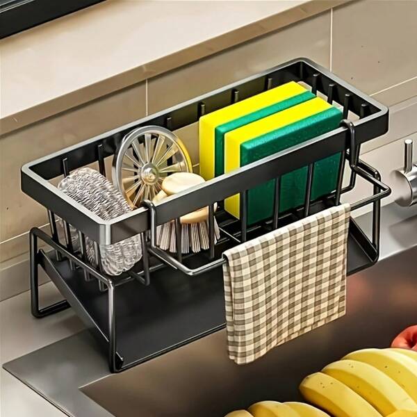 1 Simple Metal Kitchen Sink Rack, Self-Draining Kitchen Sink Organizer, Sponge Draining Rack, Suitable For Kitchen/Bathroom Countertop Storage, Comes With A Towel Rod, Available In Black, Gray, And White