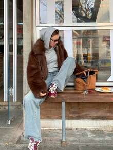 Chaqueta de efecto de piel sintética minimalista de moda casual para mujer de otoño/invierno Camellia - Marrón - Ver 4